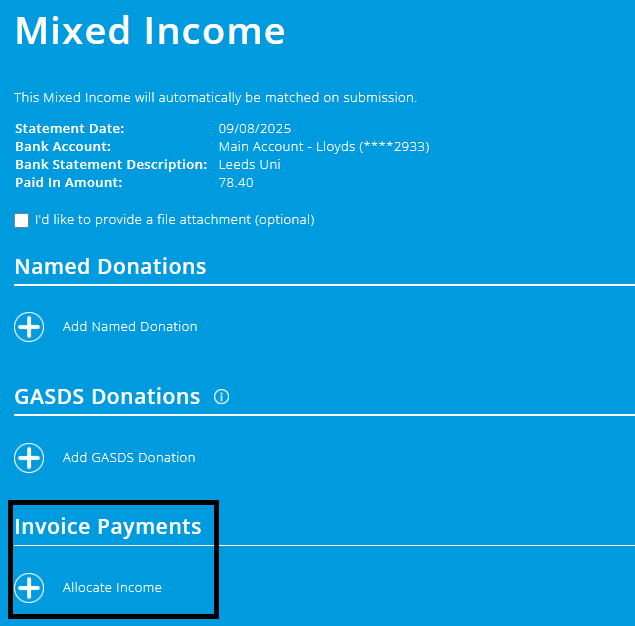 ExpensePlus screenshot of the 'Mixed Income' screen, highlighting the 'plus' in the 'Invoice Payments' section