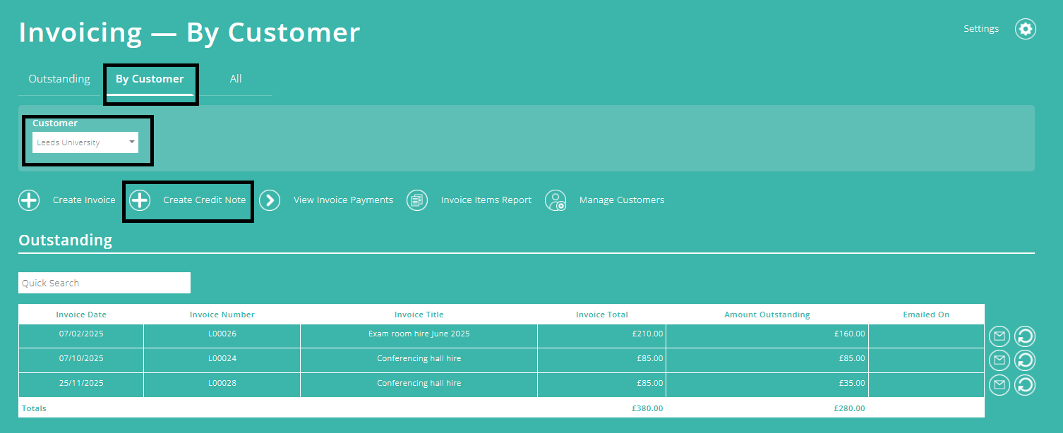 ExpensePlus screenshot of the Invoicing screen, highlighting the 'By Customer' tab, the Customer drop-down and the 'Create Credit Note' button