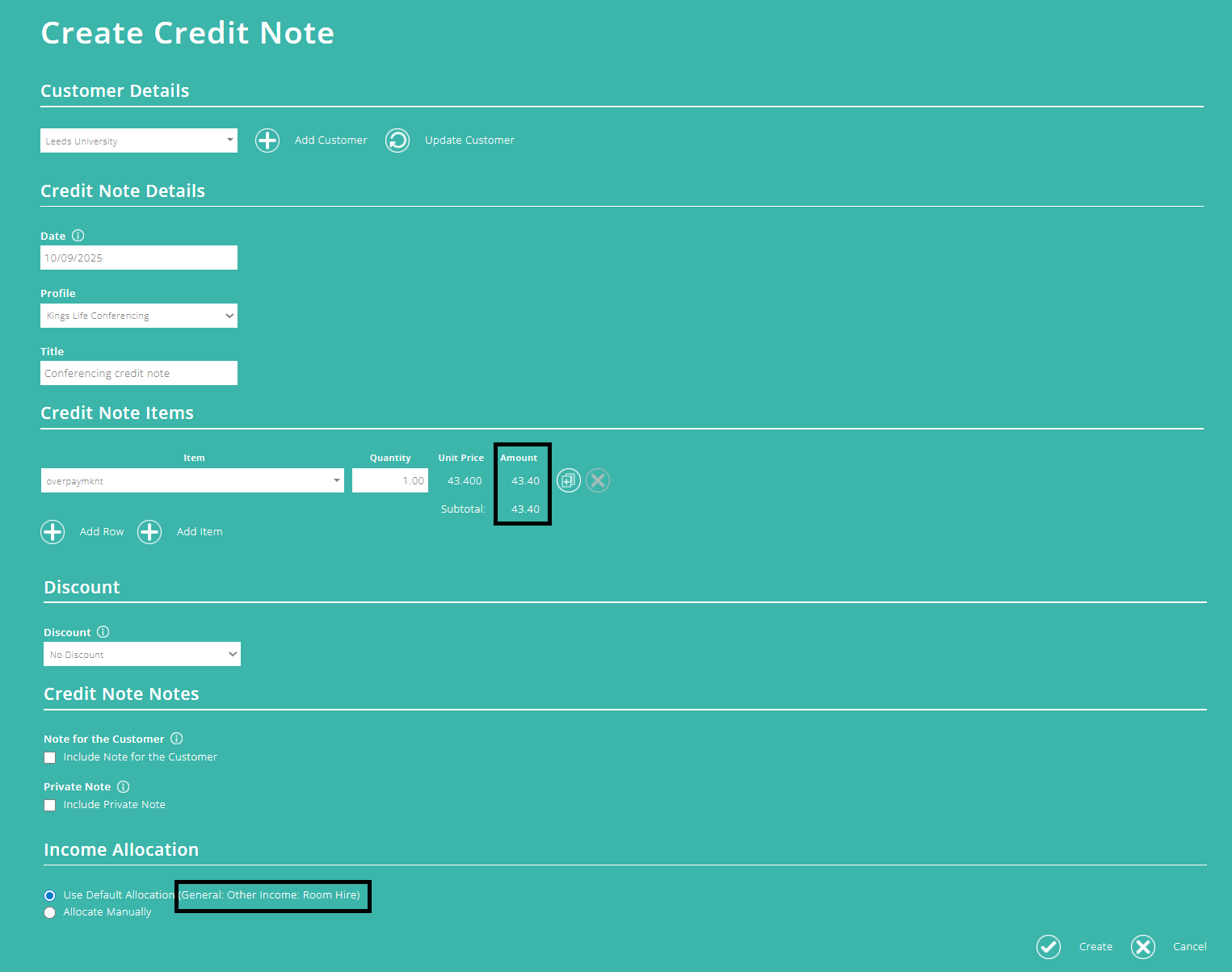 ExpensePlus screenshot of the 'Create Credit Note' screen, highlighting the amount and category allocation