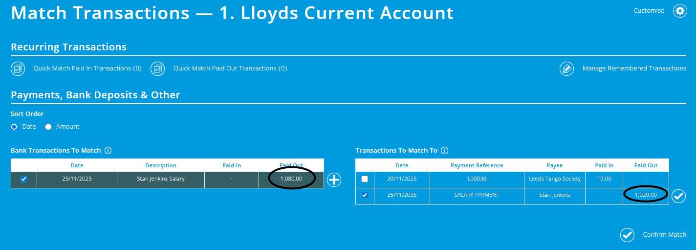 ExpensePlus screenshot of bank matching screen