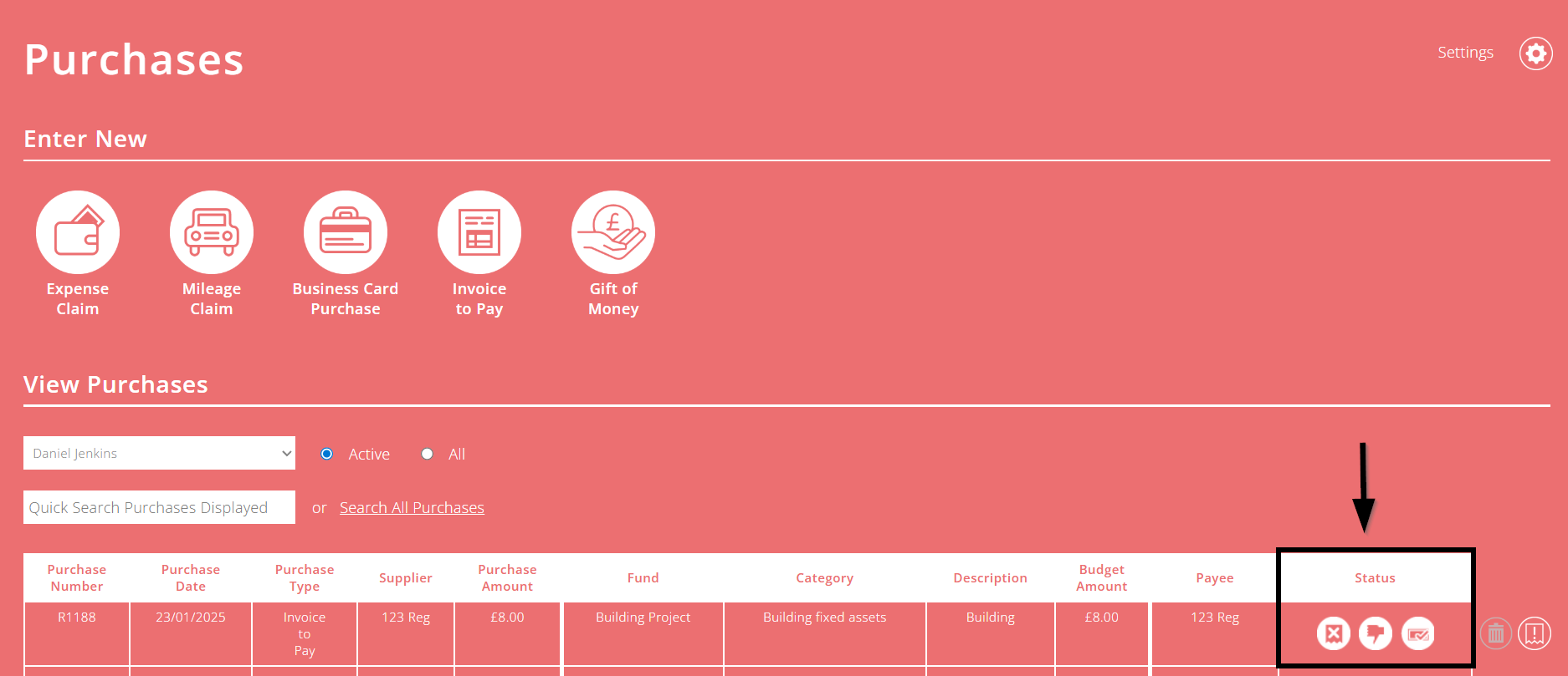 ExpensePlus Screenshot of purchases screen