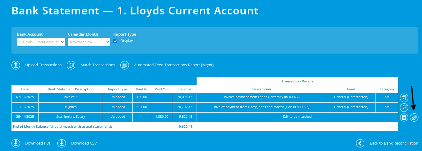 ExpensePlus screenshot of bank statement screen