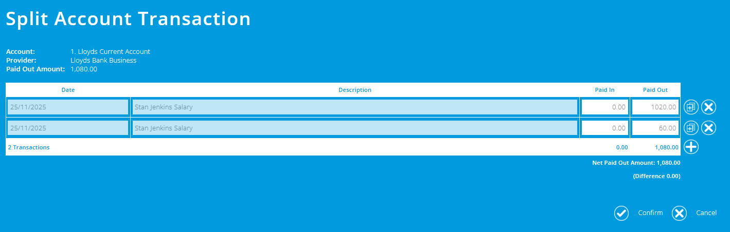 ExpensePlus screenshot of split transactions screen