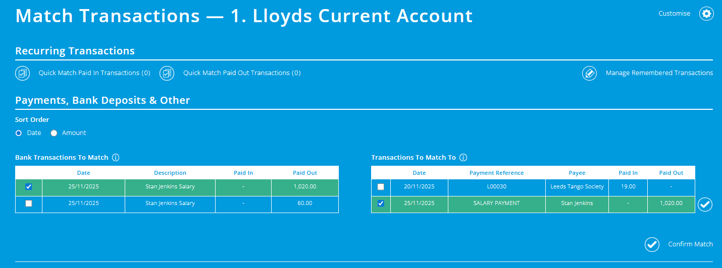 ExpensePlus screenshot of bank matching screen