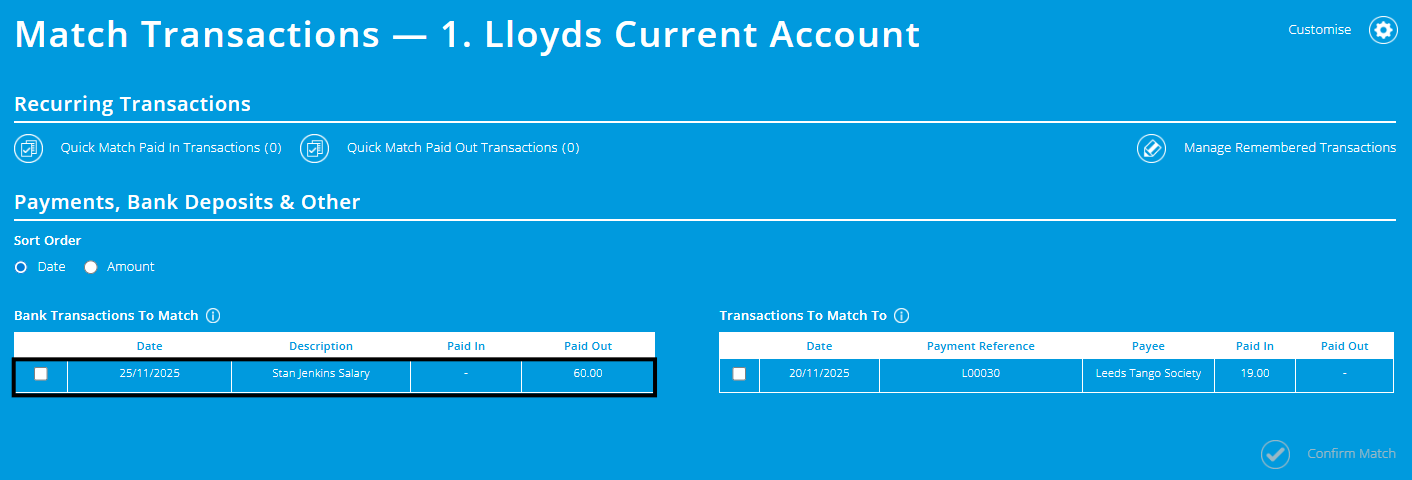 ExpensePlus screenshot of bank matching screen