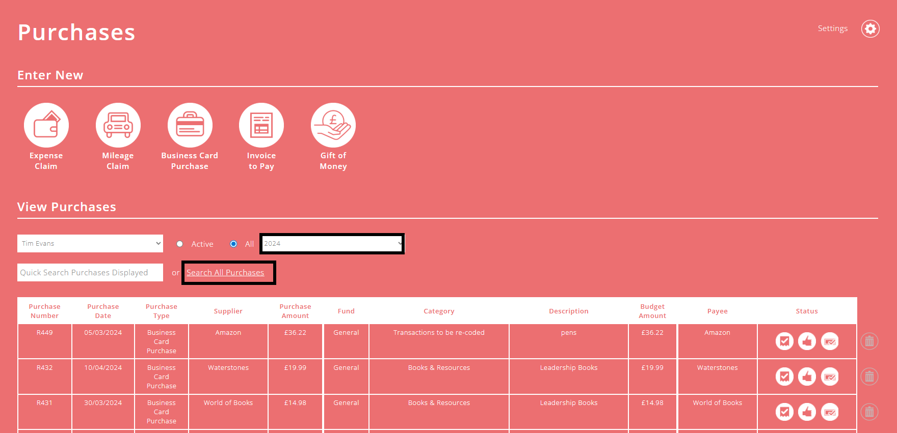 ExpensePlus Screenshot of purchases screen