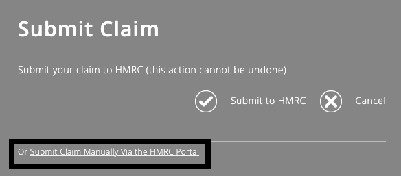 ExpensePlus Submit Claim pop up within the Gift Aid module, highlighting the Submit Manually Via the HMRC Portal button