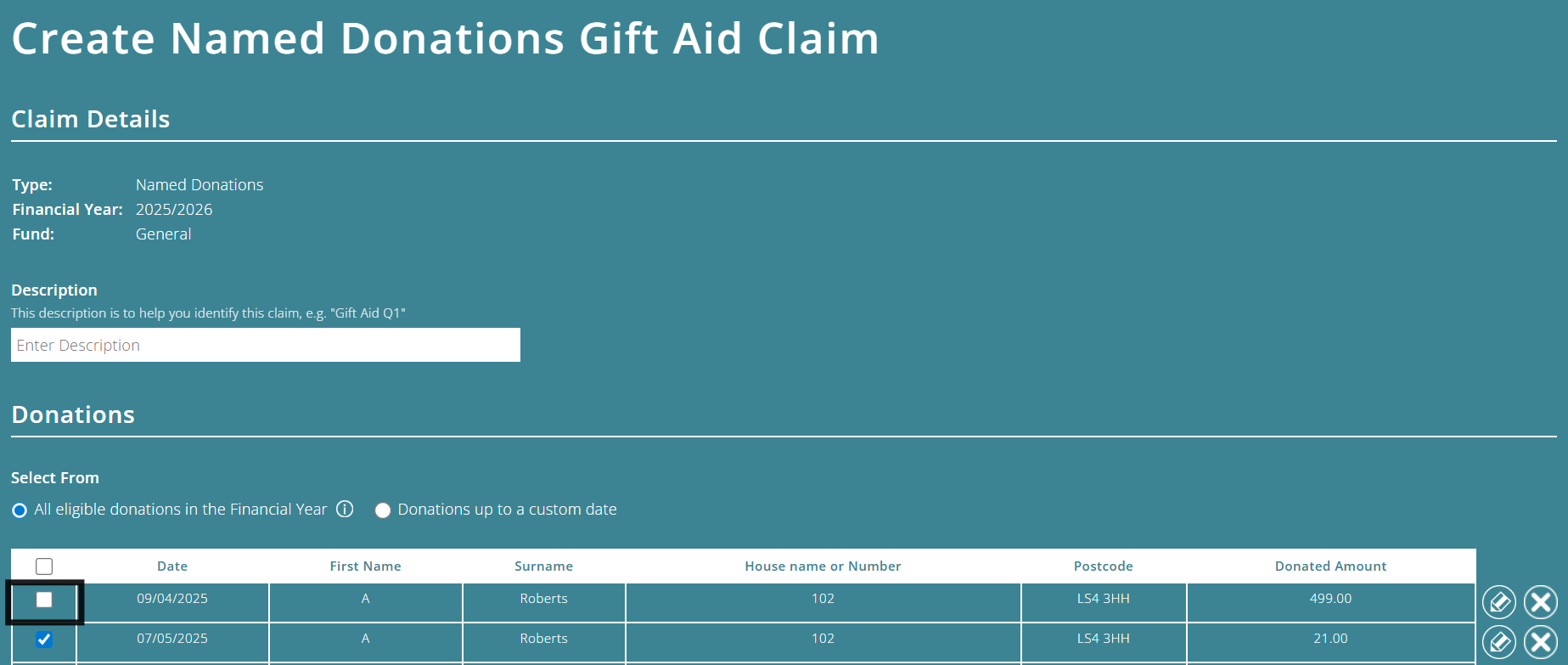 ExpensePlus Create Named Donations Gift Aid Claim screen highlighting the box to the left of a donation that excludes or includes a donation in the Gift Aid claim
