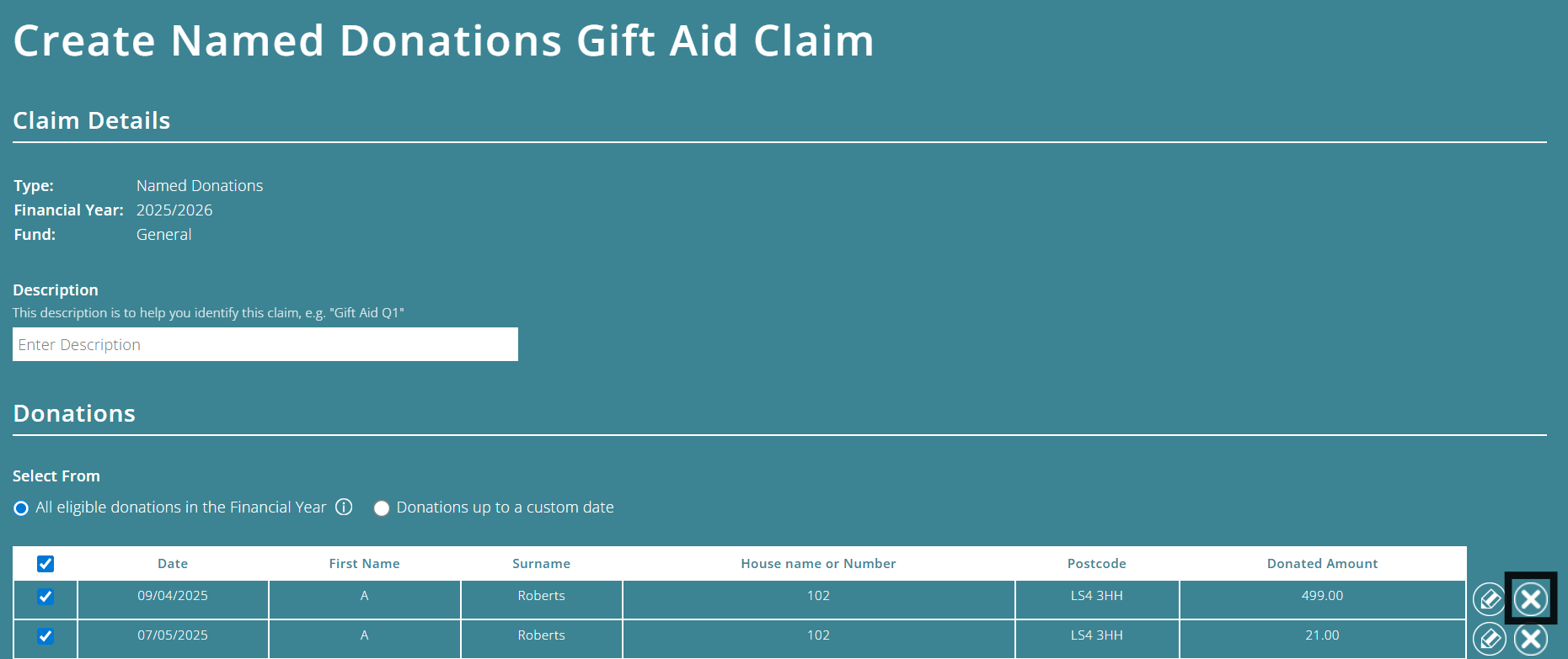 ExpensePlus Create Named Donations Gift Aid Claim screen highlighting the X button that can permanently exclude a donation