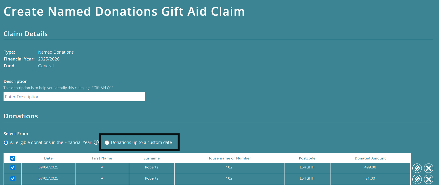 ExpensePlus Create Named Donations Gift Aid Claim screen highlighting the Donations up to a custom date option