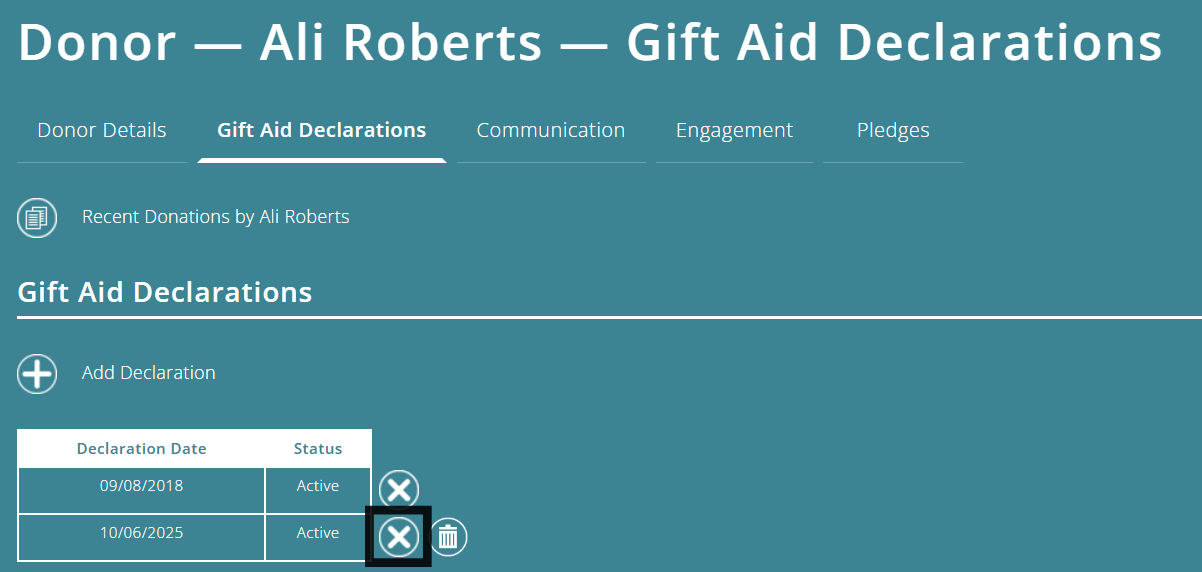 ExpensePlus example donor Gift Aid declaration screen highlighting the Set End Date button - the X icon