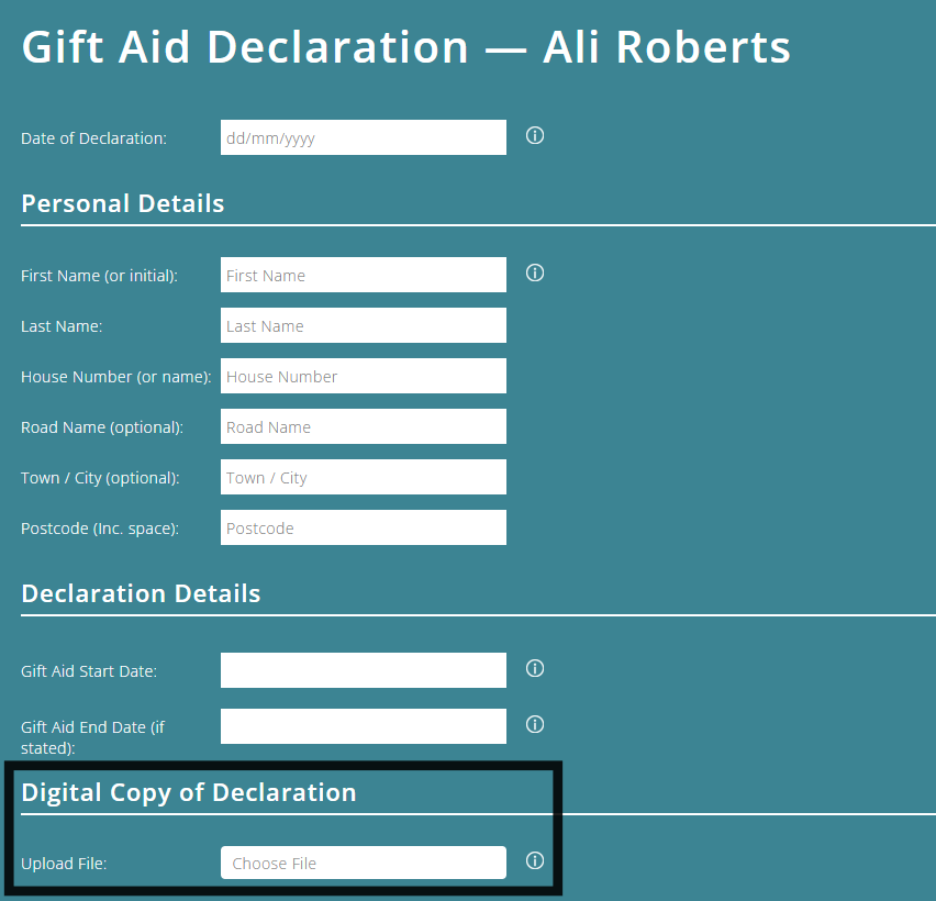 ExpensePlus Gift Aid declaration screen highlighting the Upload File button to attach a digital copy of a paper Gift Aid Declaration form