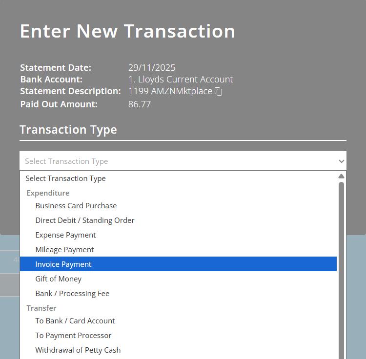 ExpensePlus Enter New Transaction pop up