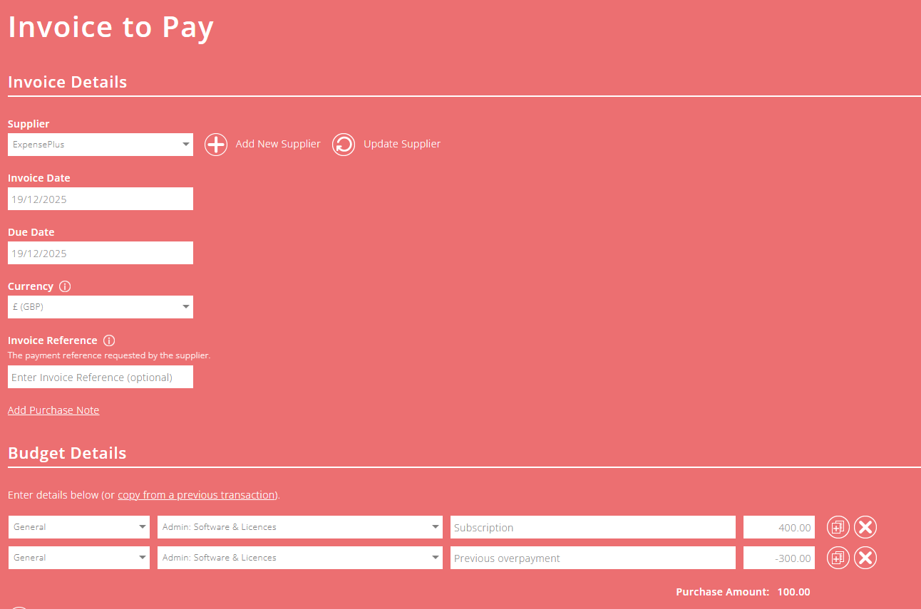 ExpensePlus example invoice detailing the example from steps above