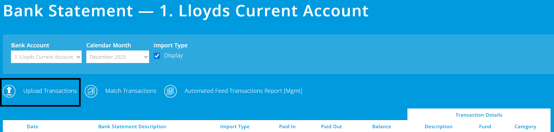 ExpensePlus Bank Statement screen highlighting the Upload Transactions button