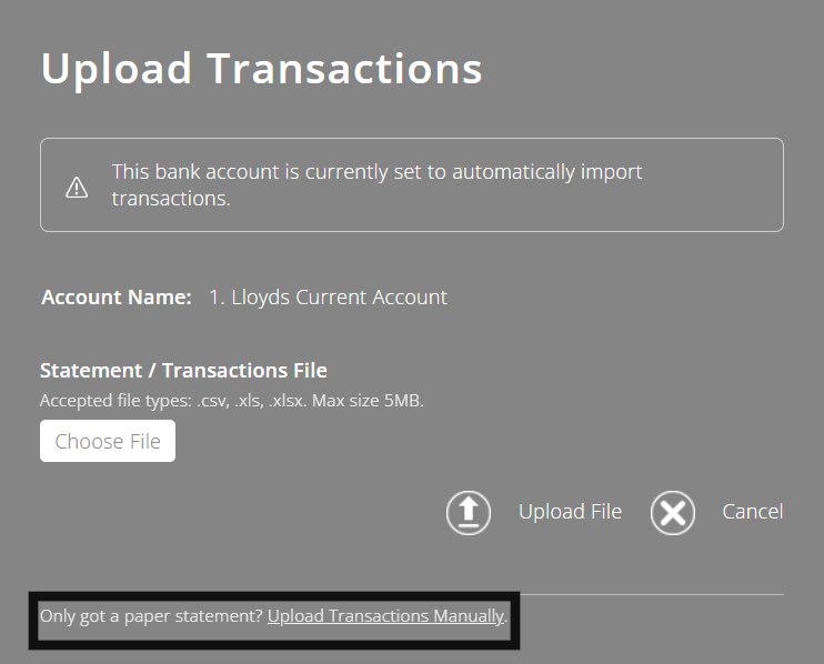 ExpensePlus Upload Transactions pop up highlighting the Upload Transactions Manually button