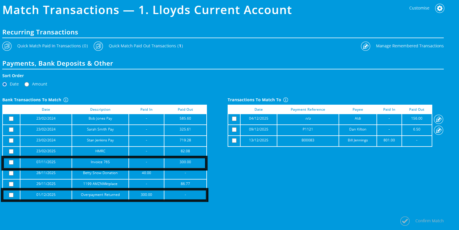 ExpensePlus Bank Matching screen highlighting transactions from the example above
