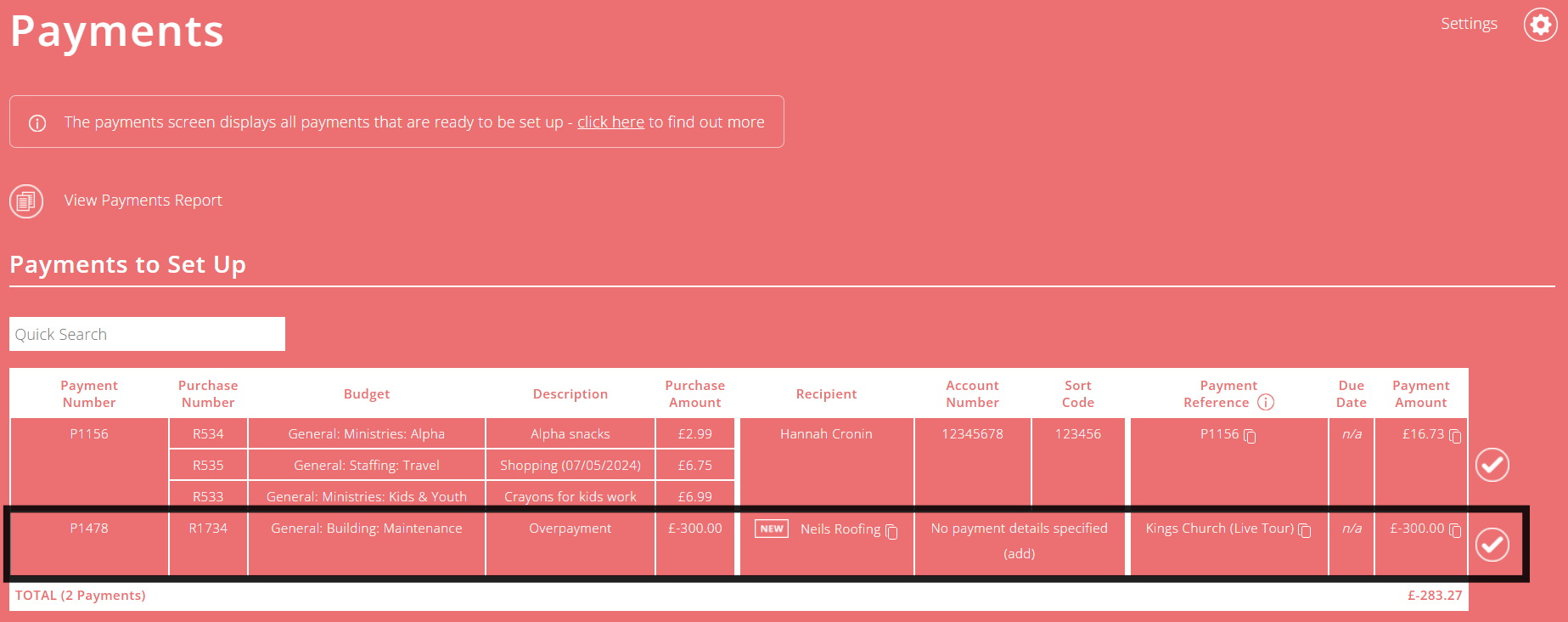 ExpensePlus Payments screen highlighting payments mentioned in example above