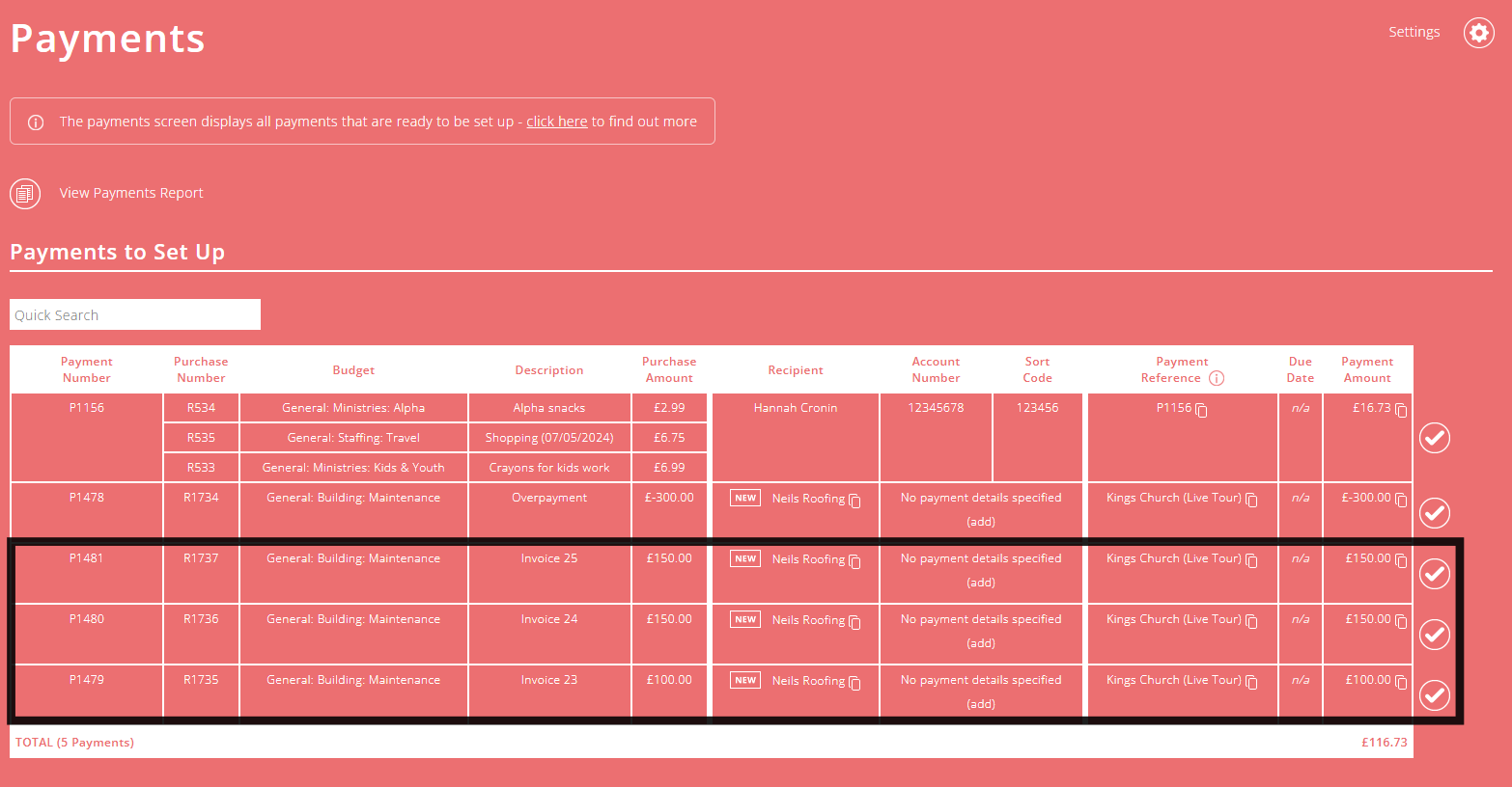 ExpensePlus Payments screen highlighting payments mentioned in example above