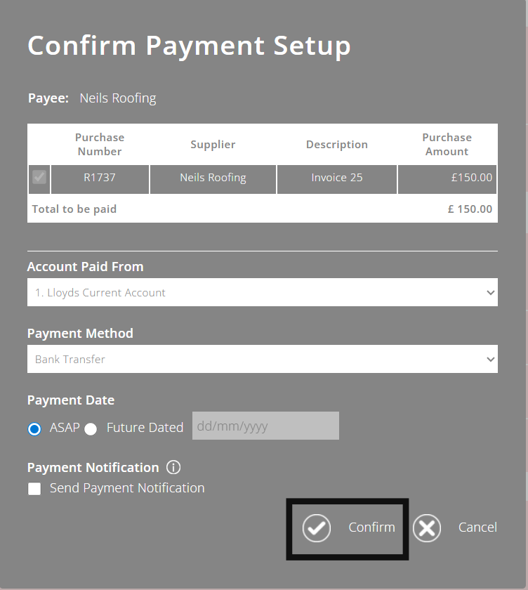 ExpensePlus Confirm Payment Setup pop up highlighting the Confirm icon