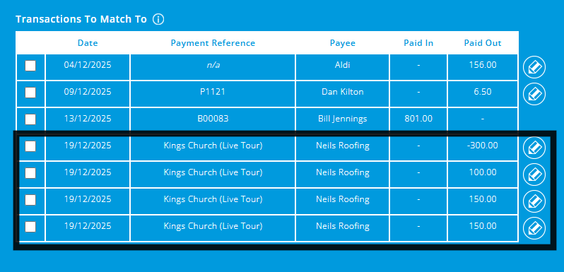 ExpensePlus Transactions to Match table highlighting example transactions mentioned above