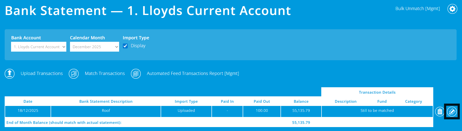 ExpensePlus Bank Statement screen highlighting the pencil edit icon next to a bank transaction 