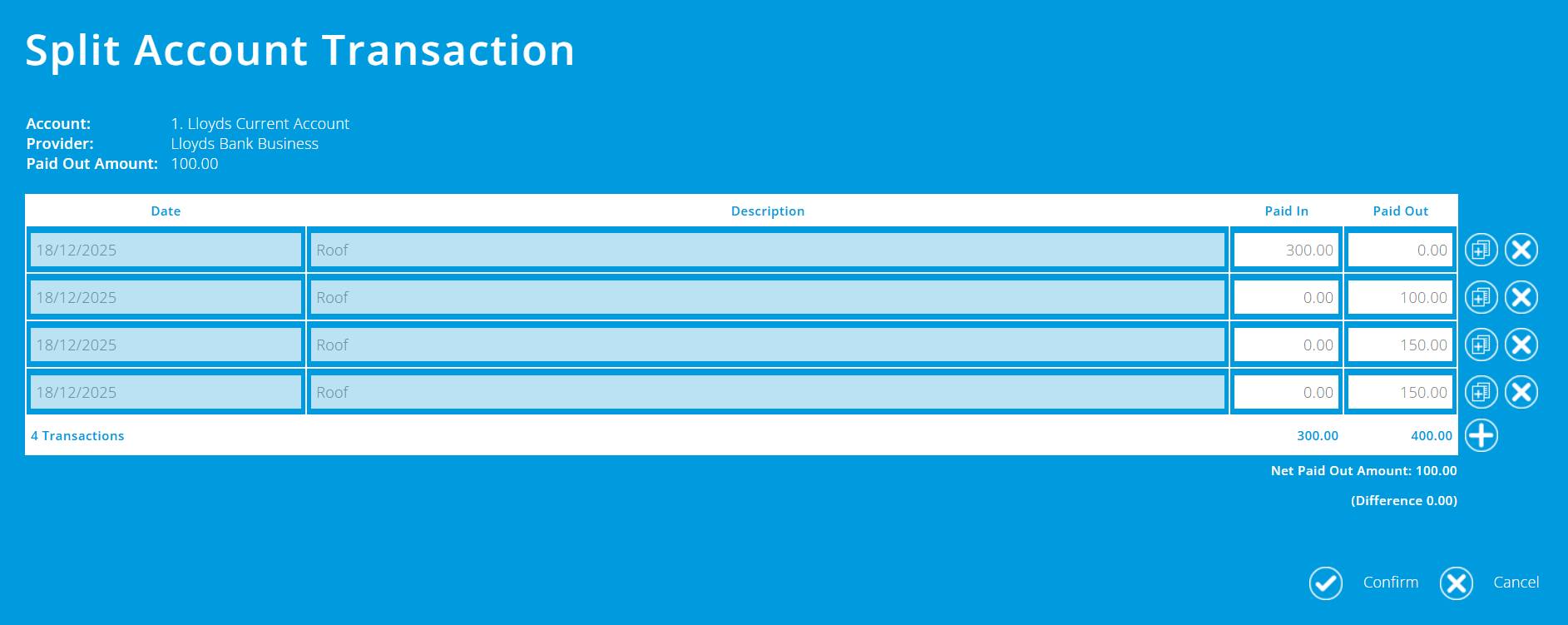 ExpensePlus Split Account Transaction screen