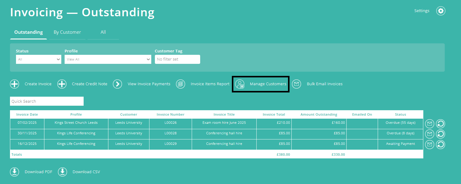 ExpensePlus screenshot of Invoicing screen, highlighting 'Manage Customers'