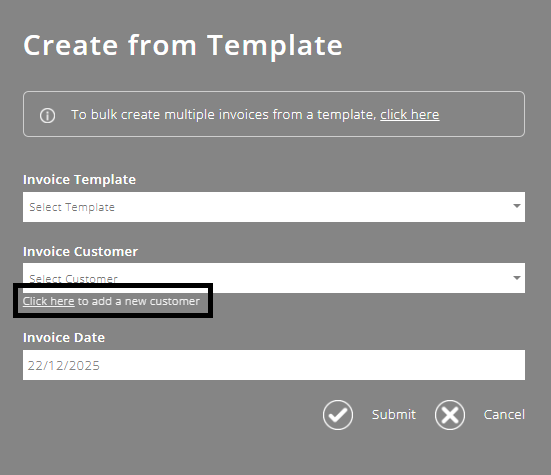 ExpensePlus screenshot of 'Creating from template' pop-up, highlighting the link to add new customers