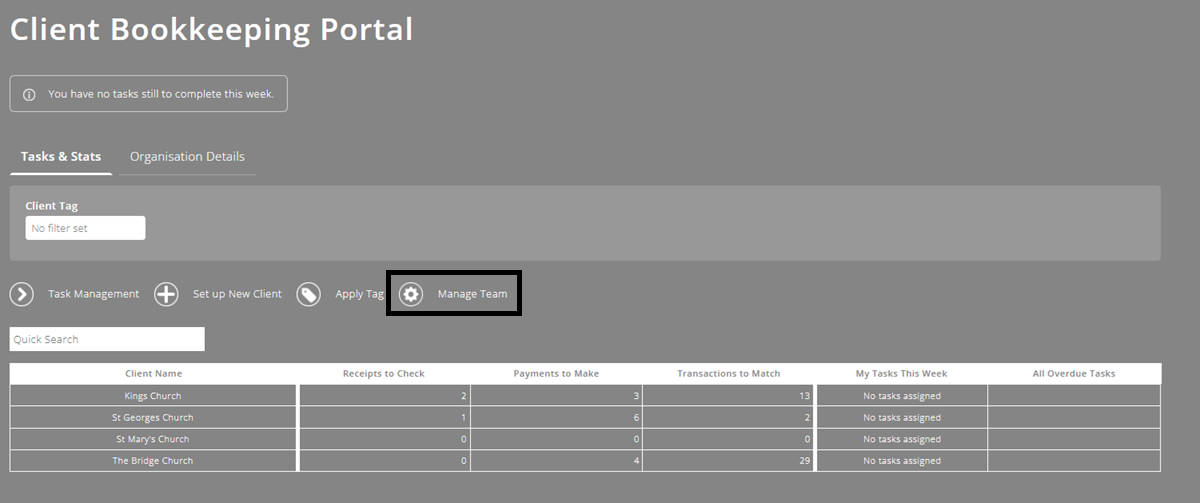 ExpensePlus Client Bookkeeping Portal screen highlighting the Manage Team button