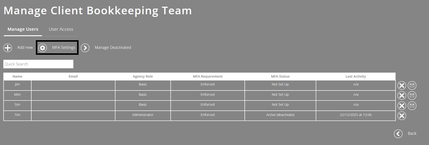 ExpensePlus Manage Client Bookkeeping Team screen highlighting the MFA Settings icon
