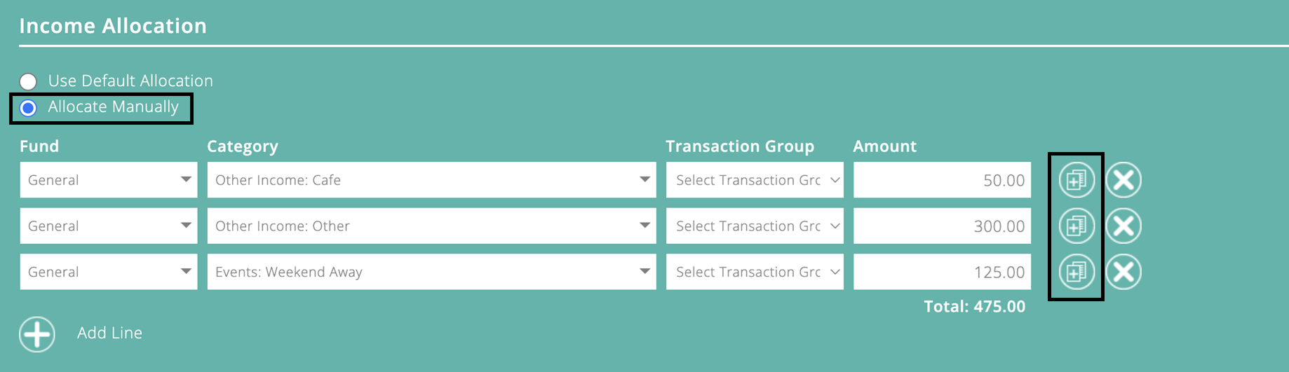 ExpensePlus screenshot of the Income Allocation section, highlighting 'Allocate Manually' and 'Duplicate line'