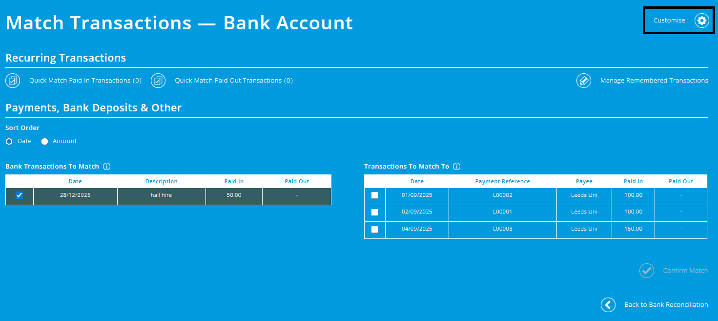 ExpensePlus screenshot of the bank match screen, highlighting the 'Customise' button
