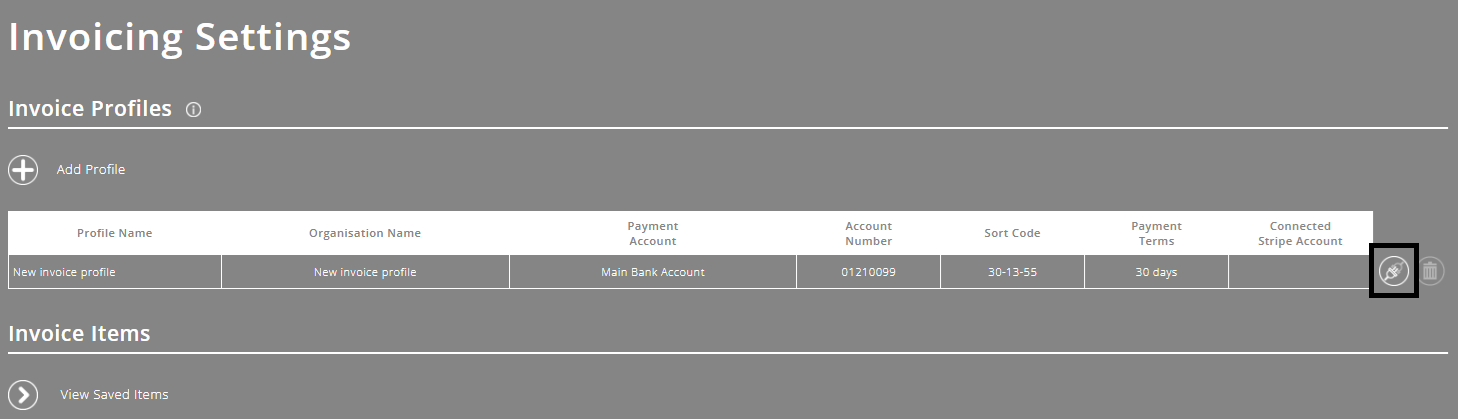 ExpensePlus screenshot of the Invoicing Settings screen, highlighting the 'Connect' button