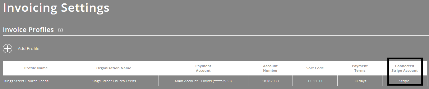 ExpensePlus screenshot of the Invoicing Settings screen, highlighting the Stripe account connection in Invoice Profiles