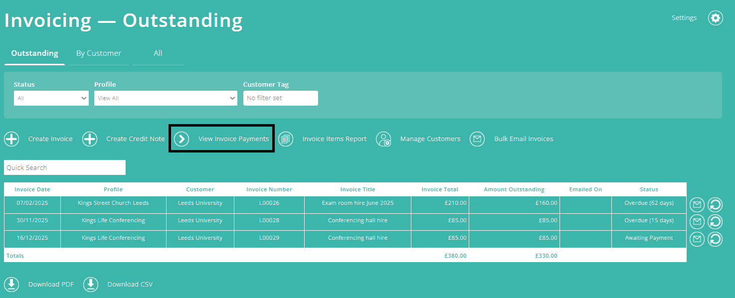 ExpensePlus screenshot of the Invoicing screen, with 'View Invoice payments' highlighted 