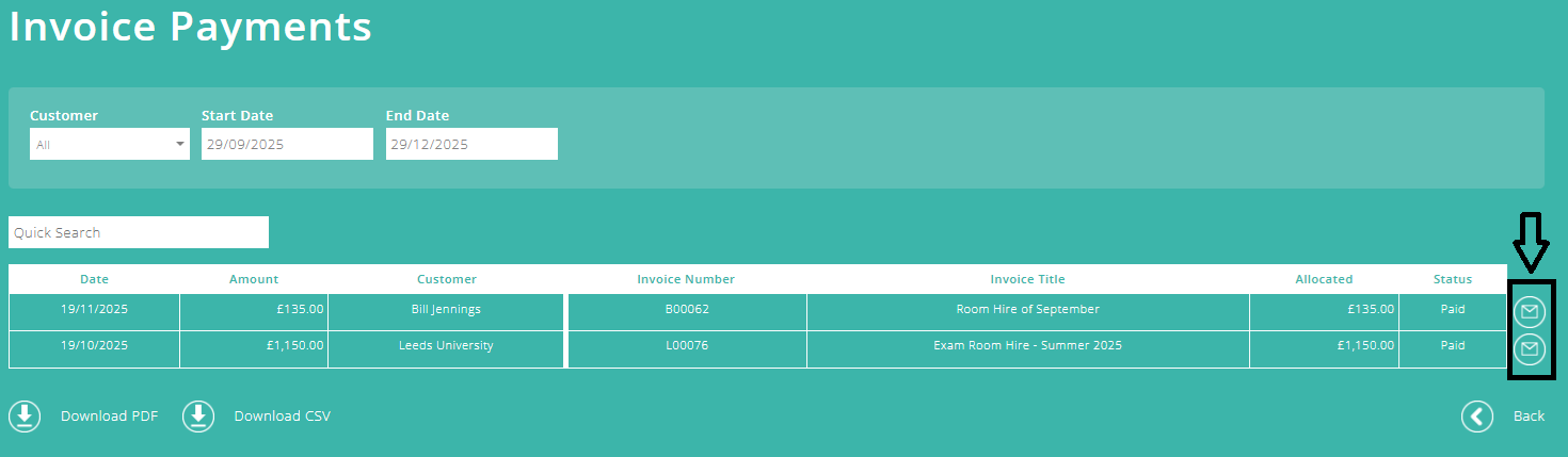 ExpensePlus screenshot of the 'Invoice Payments' screen, with the 'email' button highlighted