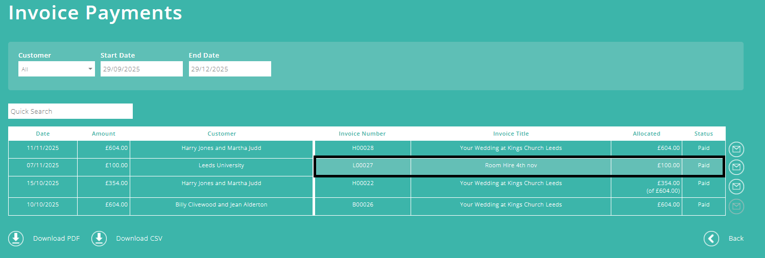 ExpensePlus screenshot of the 'Invoice Payments' screen, with a paid invoice highlighted