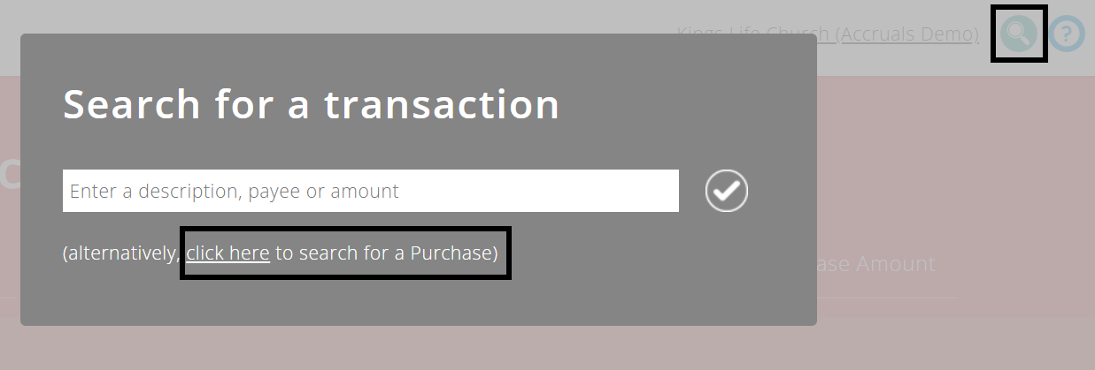ExpensePlus search for a transaction popup
