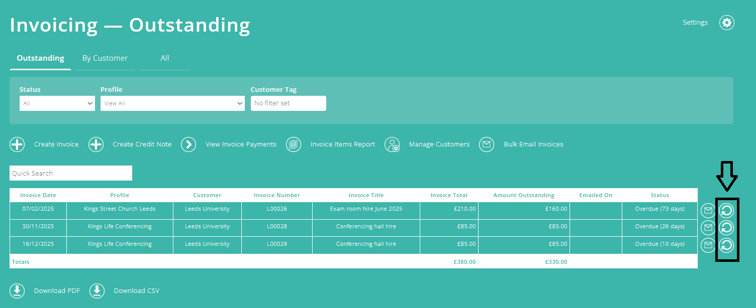 ExpensePlus screenshot of Invoicing module, highlighting the 'Change Invoice status' button