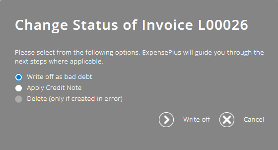 ExpensePlus screenshot of 'Change Status of Invoice' pop-up