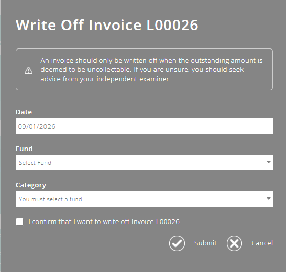 ExpensePlus screenshot of 'Write Off Invoice' pop-up