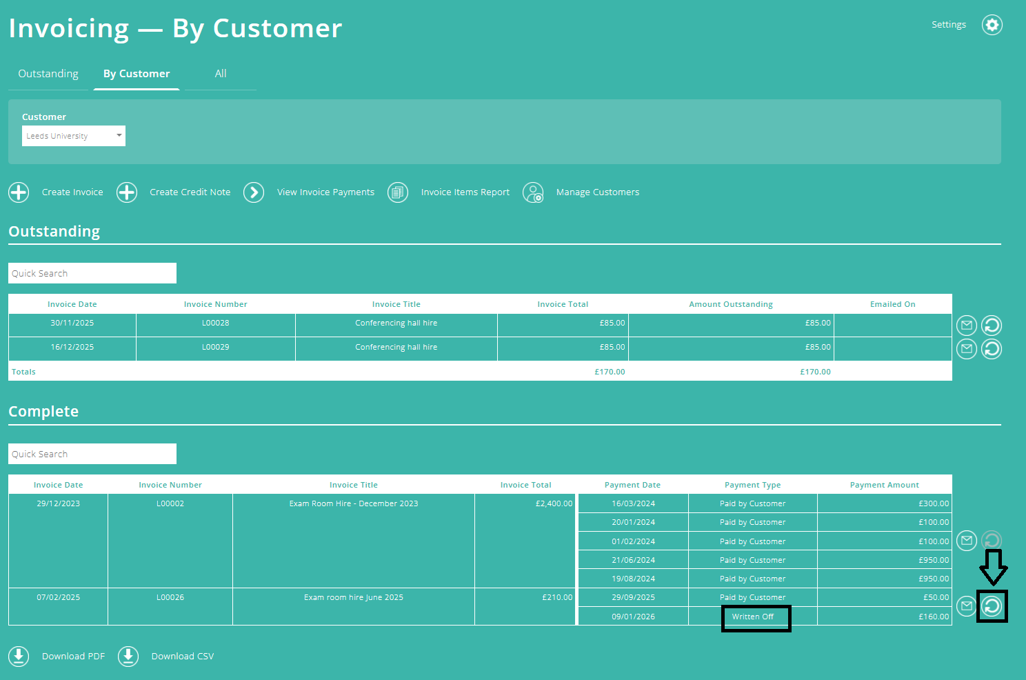 ExpensePlus screenshot of Invoicing module, highlighting the 'Change Invoice status' button for a written off invoice