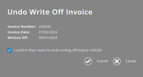 ExpensePlus screenshot of 'Undo Write Off Invoice' pop-up