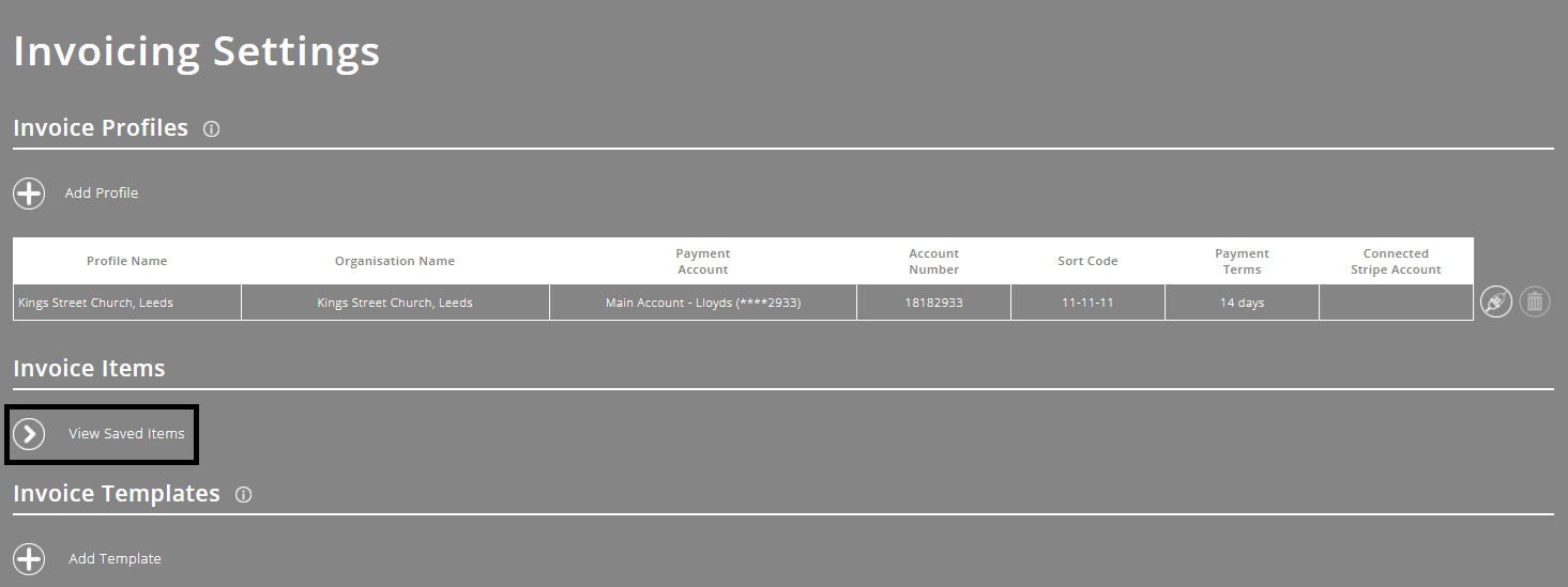 ExpensePlus screenshot of the Invoicing Settings screen, highlighting the 'View Saved Items' button.