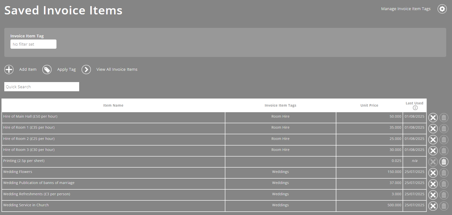 ExpensePlus screenshot of the 'Saved Invoice Items' screen