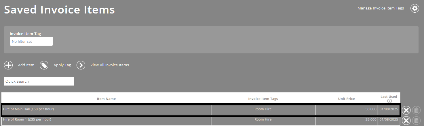 ExpensePlus screenshot of the 'Saved Invoice Items' screen, with an item row highlighted