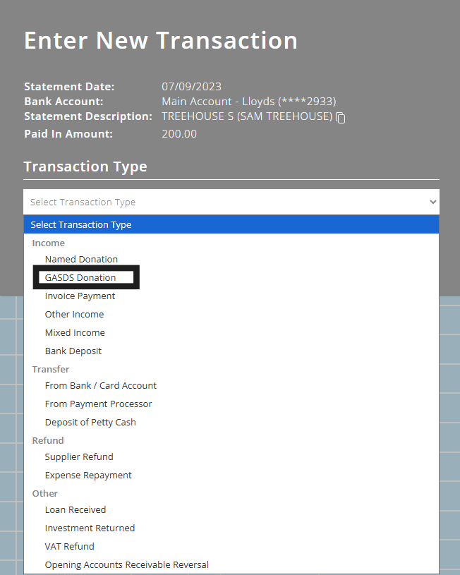ExpensePlus Bank Reconciliation screen highlighting matching a transaction as a GASDS Donation