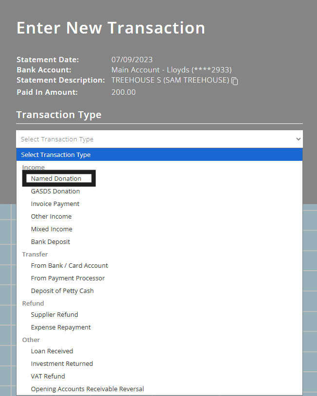 ExpensePlus Bank Reconciliation screen highlighting matching a transaction as a Named Donation