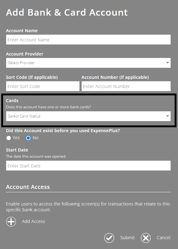 ExpensePlus screenshot of popup to add a new bank account